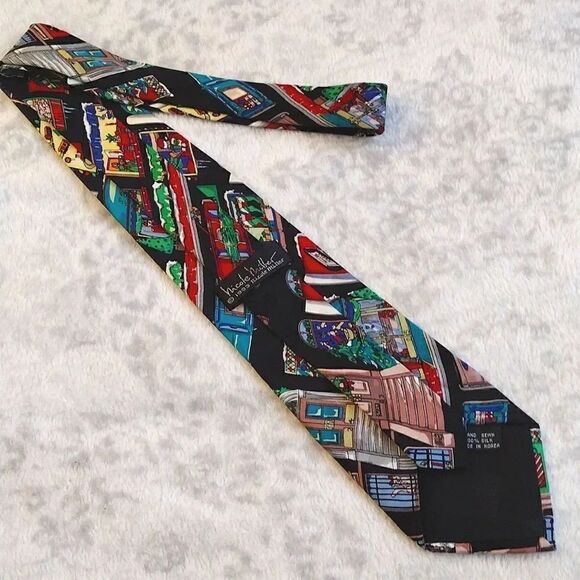 VTG 90s Nicole Miller Christmas In The City Print Hand Sewn Silk Neck Tie - Picture 10 of 14